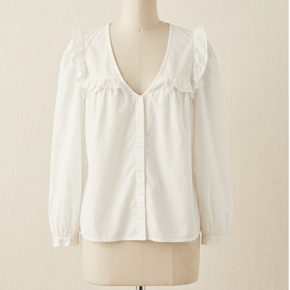 Nation LTD White Ruffle V-Neck Button Down Blouse Long Sleeve Prairie M
